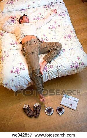 barefoot, bedroom, bed, 30's View Large Photo Image Stock Photo - barefoot, bedroom, bed, 30's. Fotosearch
