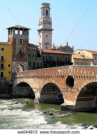 Stock Image - Fiume Adigio and Ponte Pietra over Adige River. Verona. Veneto. Italy.. Fotosearch