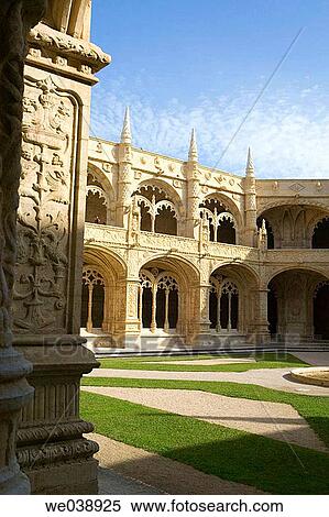 Stock Photography - Gothic architecture of interior courtyard of the Monastery of St Jeronimo (Hieronymite Monastery) in Belem. Lisbon. Portugal. Fotosearch