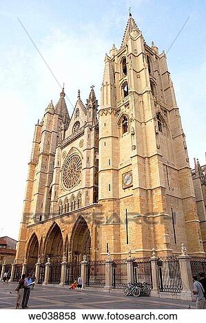Main facade of the Cathedral. Le? n. Castilla-Le? n. Spain View Large Photo Image Stock Photo - Main facade of the Cathedral. Le? n. Castilla-Le? n. Spain. Fotosearch