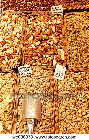Stock Photo - Nuts at La Boquer? a market, Barcelona. Catalonia, Spain. Fotosearch