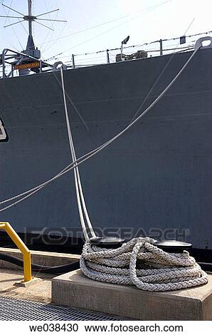 Stock Image - Ropes holding USS Missouri battleship, Pearl Harbor, Oahu, Hawaii. Fotosearch
