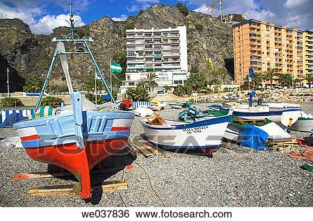 Spain, Andalusia, Almu±ecar, beach, fishing boats View Large Photo Image Stock Photograph - Spain, Andalusia, Almu±ecar, beach, fishing boats. Fotosearch