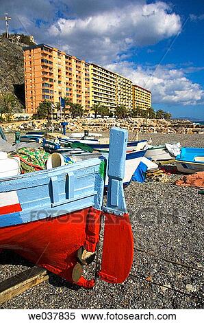 Spain, Andalusia, Almu±ecar, beach, fishing boats View Large Photo Image Stock Photography - Spain, Andalusia, Almu±ecar, beach, fishing boats. Fotosearch