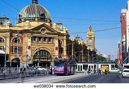 Trams passing Flinders Street Station in Melbourne. Victoria. Australia. View Large Photo Image Picture - Trams passing Flinders Street Station in Melbourne. Victoria. Australia.. Fotosearch