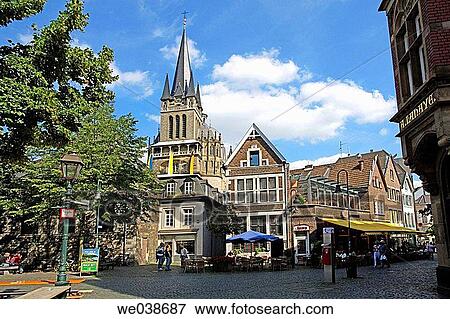 Stock Photo - View of the Aachen Dom (Cathedral) from Fischmarkt. Aachen. North Rhine-Westphalia. Germany. Fotosearch