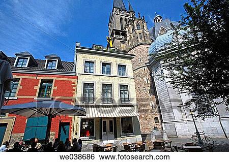 View of the Aachen Dom (Cathedral) from M? nsterplatz. The Dom was built by Emperor Charlemagne around 786 AD. Aachen. North Rhine-Westphalia. Germany View Large Photo Image Stock Photograph - View of the Aachen Dom (Cathedral) from M? nsterplatz. The Dom was built by Emperor Charlemagne around 786 AD. Aachen. North Rhine-Westphalia. Germany. Fotosearch