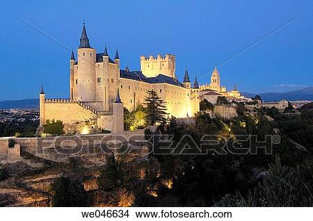 Alcazar fortress and cathedral in background at night, Segovia. Castilla-Le? n, Spain View Large Photo Image Picture - Alcazar fortress and cathedral in background at night, Segovia. Castilla-Le? n, Spain. Fotosearch