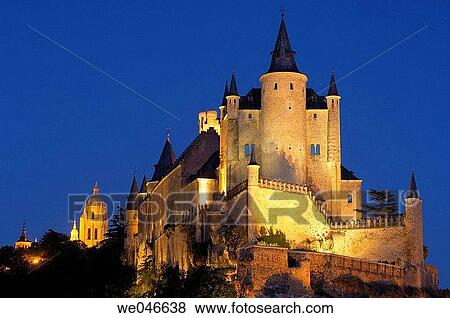 Alcazar fortress and cathedral in background at night, Segovia. Castilla-Le? n, Spain View Large Photo Image Stock Photo - Alcazar fortress and cathedral in background at night, Segovia. Castilla-Le? n, Spain. Fotosearch