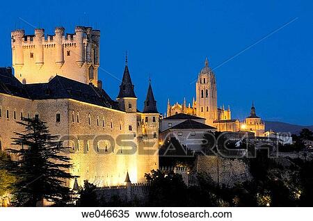 Alcazar fortress and cathedral in background at night, Segovia. Castilla-Le? n, Spain View Large Photo Image Stock Photography - Alcazar fortress and cathedral in background at night, Segovia. Castilla-Le? n, Spain. Fotosearch