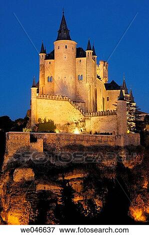 Stock Photo - Alcazar fortress at night, Segovia. Castilla-Le? n, Spain. Fotosearch