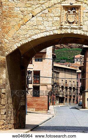 Arch and Carlos V imperial coat of arms in medieval gate (XIV-XVIth centuries). Daroca. Zaragoza. Arag? n. Spain. View Large Photo Image Picture - Arch and Carlos V imperial coat of arms in medieval gate (XIV-XVIth centuries). Daroca. Zaragoza. Arag? n. Spain.. Fotosearch