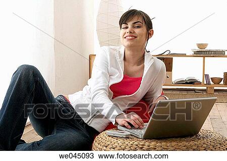 at-home, computer, brunette, 20's View Large Photo Image Stock Image - at-home, computer, brunette, 20's. Fotosearch