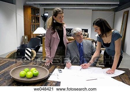 Stock Image - blueprint, boss, business, colleague. Fotosearch