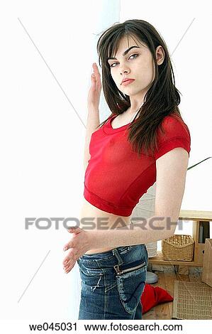 Stock Image - brunette, contemporary, dark hair, day. Fotosearch