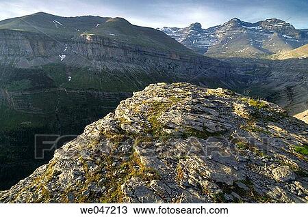 Stock Image - Cilindro de Marbor? (3325 m. ), Monte Perdido (3355 m. ), Sum de Ramond (3254 m. ) and Punta de las Olas (3002 m. ). Ordesa and Monte Perdido National Park. Huesca province, Arag? n, Spain. Fotosearch