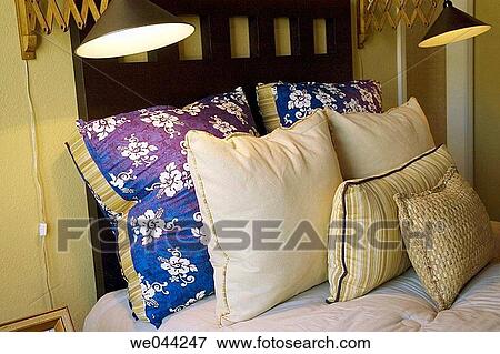 Home interior bedroom with pillows View Large Photo Image Stock Photo - Home interior bedroom with pillows. Fotosearch