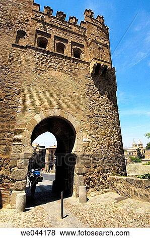 Stock Photo - Mudejar Puerta del Sol town gate (XIVth century), Toledo. Castilla-La Mancha, Spain. Fotosearch