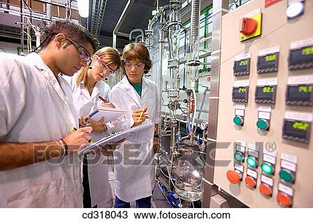Stock Image - Polytechnic School, University of the Basque Country, Donostia, Gipuzkoa, Basque Country. Students, Distillation towers, Laboratory of Industrial Chemistry, Department of Chemical Engineering and Environment. Fotosearch