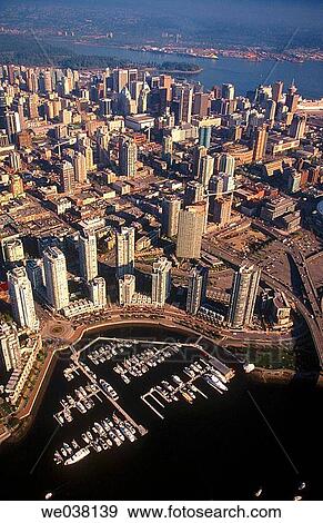 Vancouver, British Columbia, Canada. Aerial view of Yaletown looking northwest from False Creek. City center in background. View Large Photo Image Stock Photo - Vancouver, British Columbia, Canada. Aerial view of Yaletown looking northwest from False Creek. City center in background.. Fotosearch