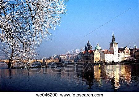 View up the Vlatava of Prague, Charles Bridge, in winter. View Large Photo Image Stock Image - View up the Vlatava of Prague, Charles Bridge, in winter.. Fotosearch