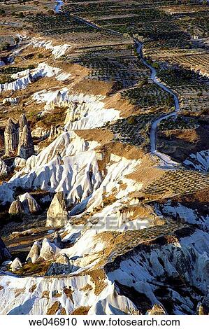 Stock Image - Aerial view of landscape with volcanic rock formations near G÷reme. Cappadocia. Turkey.. Fotosearch