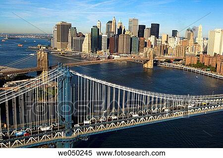 Aerial view of Manhattan and Brooklyn bridge. New York city. USA. View Large Photo Image Stock Photography - Aerial view of Manhattan and Brooklyn bridge. New York city. USA.. Fotosearch