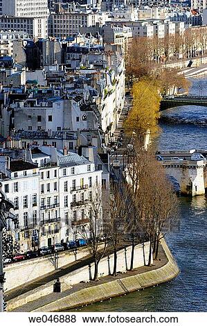 Stock Photo - Aerial view of the Seine River banks and Ile Saint-Louis. Paris. France. Fotosearch