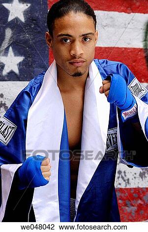 Stock Image - American flag, boxing, boxer, Americana, 20's. Fotosearch