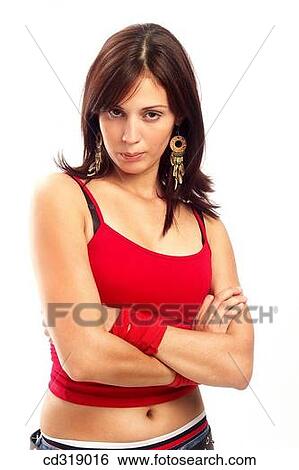 Stock Photograph - angry, brunette, arms folded, Arms crossed, adolescence. Fotosearch
