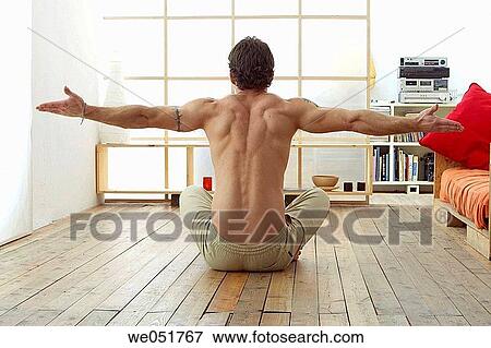 Stock Photo - at-home, balance, back view, Arms open. Fotosearch