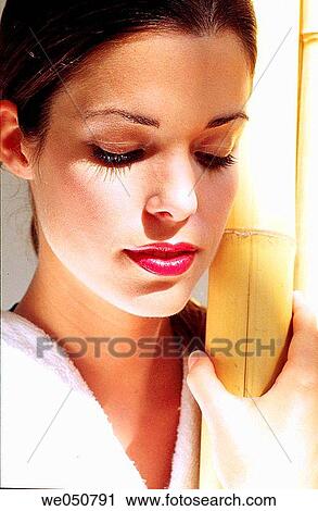 Stock Image - bamboo, bathrobe, beauty, Body care, brunette. Fotosearch