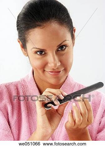 Stock Photograph - bathrobe, beauty, Body care, braid, brunette. Fotosearch