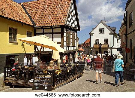 Stock Photography - Cafe and Timbered building, Visby, Gotland, Sweden. Fotosearch