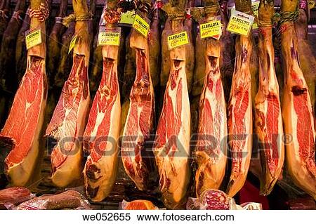 Cured hams in La Boqueria market, Barcelona. Catalonia, Spain View Large Photo Image Stock Photography - Cured hams in La Boqueria market, Barcelona. Catalonia, Spain. Fotosearch