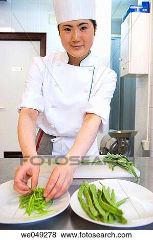 Stock Photo - Cutting green beans. Luis Irizar cooking school. Donostia, Gipuzkoa, Basque Country, Spain. Fotosearch