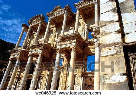 Fa? ade of the Library of Celsus at the Roman ruins of Ephesus. Turkey View Large Photo Image Stock Photo - Fa? ade of the Library of Celsus at the Roman ruins of Ephesus. Turkey. Fotosearch