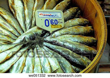 Stock Image - Herrings at La Boqueria market, Barcelona. Catalonia, Spain. Fotosearch