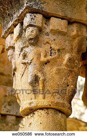Hunting scene depicted on capital, cloister of the Romanesque church of Sant Dom? nec (12th century), Peralada. Girona province, Catalonia, Spain View Large Photo Image Stock Photograph - Hunting scene depicted on capital, cloister of the Romanesque church of Sant Dom? nec (12th century), Peralada. Girona province, Catalonia, Spain. Fotosearch
