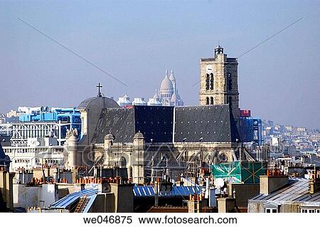 Stock Photography - Sacr? -Coeur, Centre Pompidou, Church of Notre-Dame des Blancs-Manteaux and rooftops. Paris. France. Fotosearch