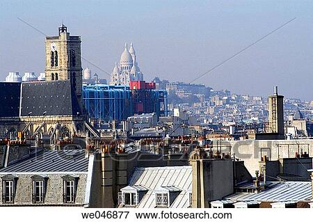 Stock Photo - Sacr? -Coeur, Centre Pompidou, Eglise Notre-Dame des Blancs-Manteaux and rooftops. Paris. France. Fotosearch