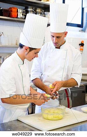 Stock Photo - Slicint potatoes. Luis Irizar cooking school. Donostia, Gipuzkoa, Basque Country, Spain. Fotosearch