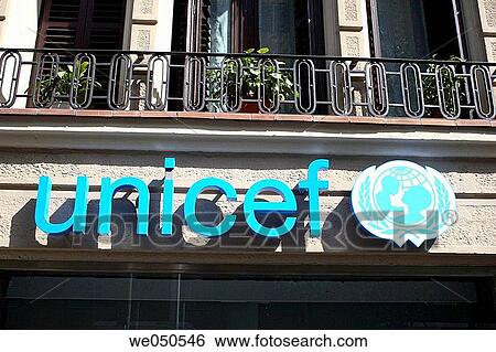 Stock Photograph - UNICEF sign, Barcelona. Catalonia, Spain. Fotosearch