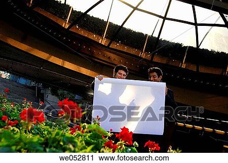 Stock Image - 2 young male business men/ architects looking at building plans together. Fotosearch