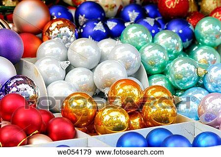 Stock Photo - Christmas balls for sale. Fira de Santa Ll·cia, Barcelona, Catalonia, Spain. Fotosearch