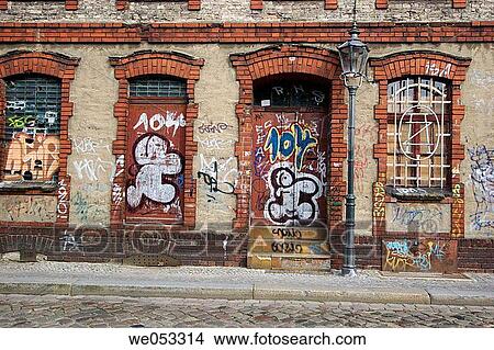 Graffitties on an old house, Brandenburg an der Havel, Brandenburg, Germany, Europe. View Large Photo Image Picture - Graffitties on an old house, Brandenburg an der Havel, Brandenburg, Germany, Europe.. Fotosearch
