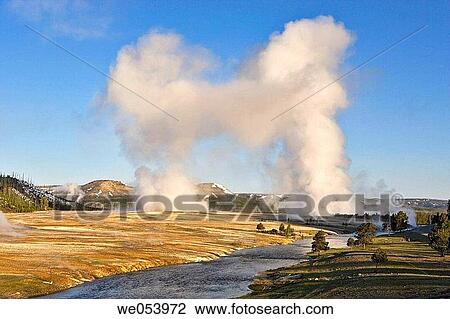 Stock Image - Morning geysers in Yellowstone National Park. Wyoming. USA. Fotosearch