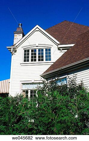 Partial view of suburban house and cedars View Large Photo Image Stock Image - Partial view of suburban house and cedars. Fotosearch