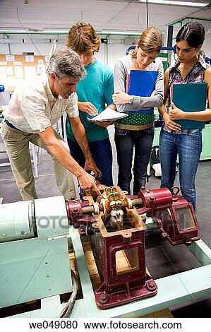 Stock Image - Polytechnic School, University of the Basque Country, Donostia, Gipuzkoa, Basque Country. Students, Turbine, Hydraulic machines laboratory, Department of Nuclear Engineering and Fluid Mechanics. Fotosearch