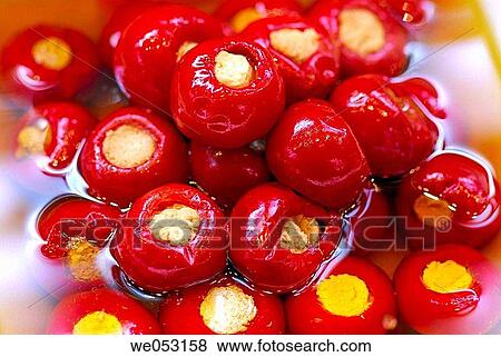 Red Peppers stuffed with codfish. La Boquer? a market, Barcelona. Catalonia, Spain View Large Photo Image Stock Photo - Red Peppers stuffed with codfish. La Boquer? a market, Barcelona. Catalonia, Spain. Fotosearch